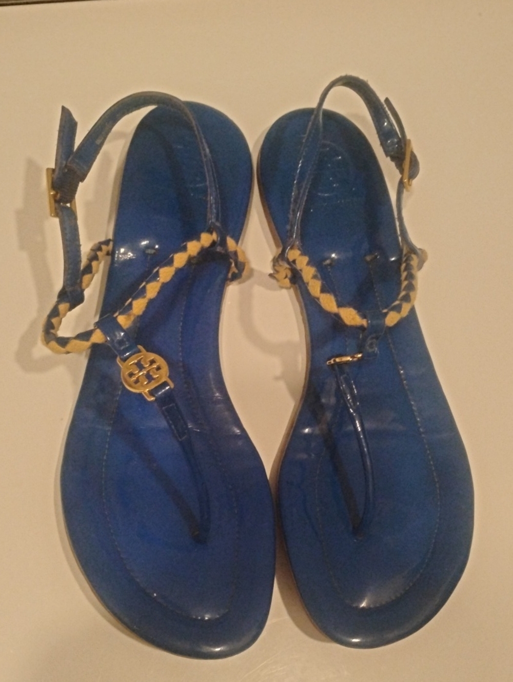 Tory Burch Blue Braided T-Strap Sandals with Gold Logo